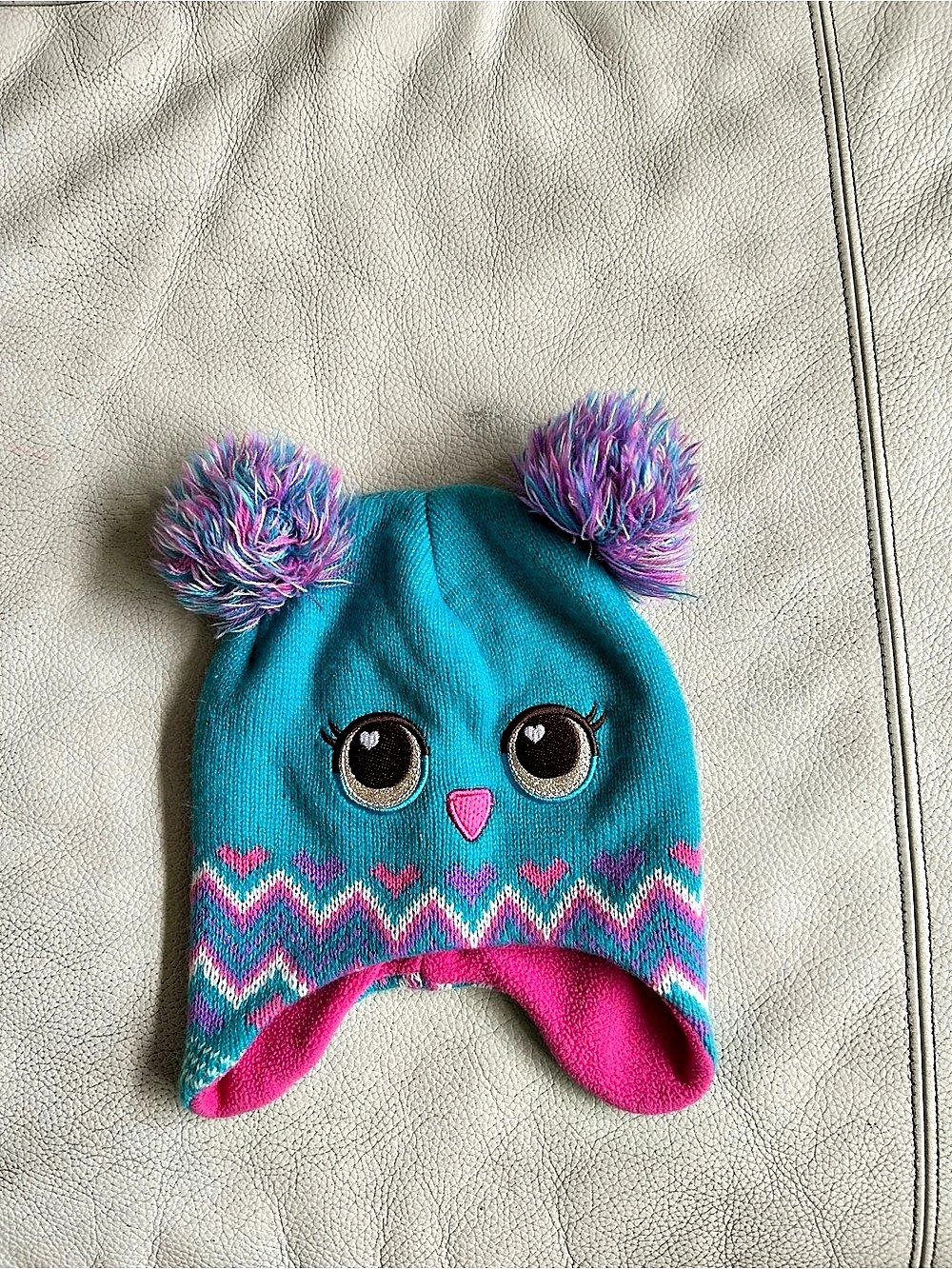 Owl Kids Double Pom-Pom Beanie Blue & Pink